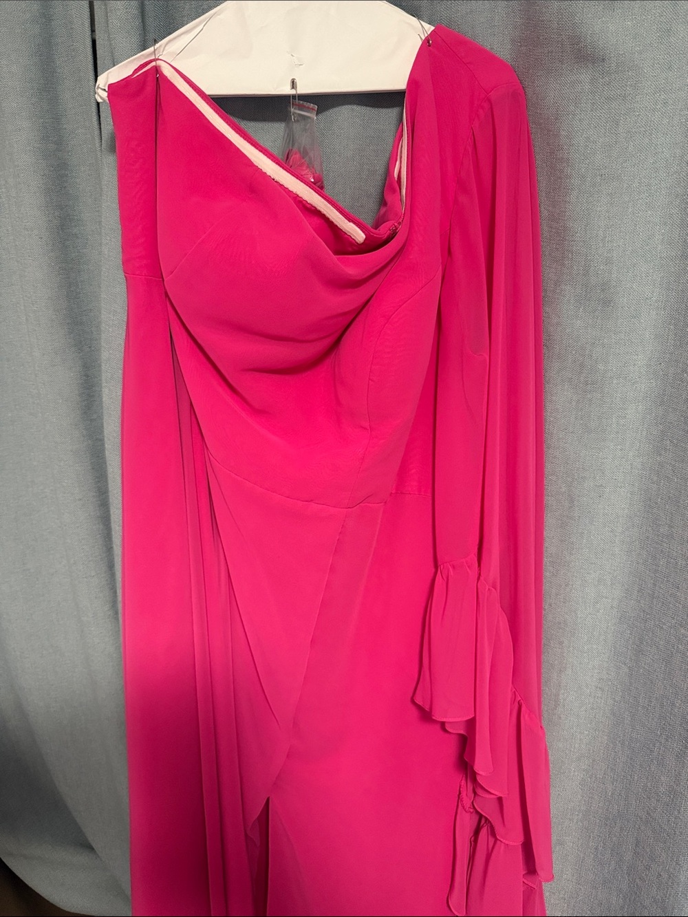 Azazie One-Shoulder Fuchsia Gown with Ruffle Sleeve - Picture 2 of 8